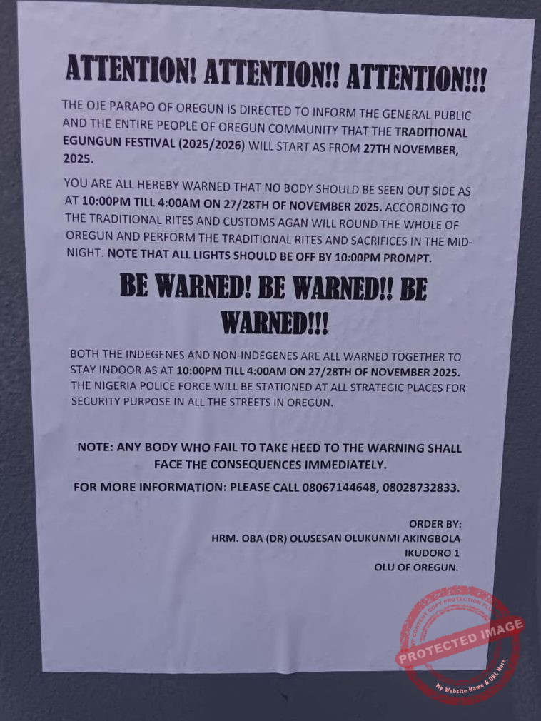 “Stay Indoors or Face Consequences” Oregun Residents Issued Strict Nighttime Lockdown Order Ahead of Egungun Festival