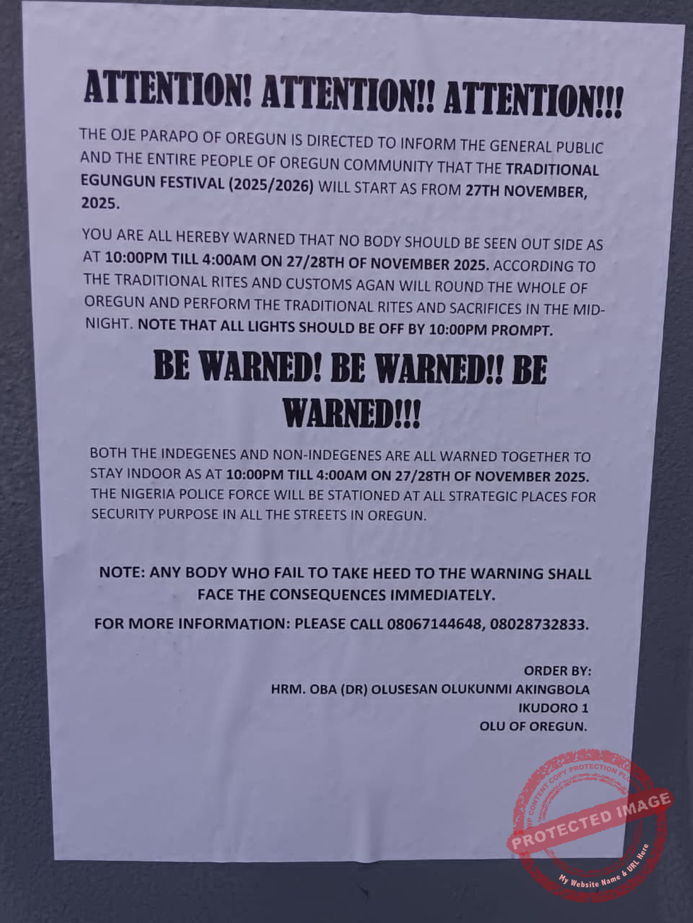 “Stay Indoors or Face Consequences” Oregun Residents Issued Strict Nighttime Lockdown Order Ahead of Egungun Festival