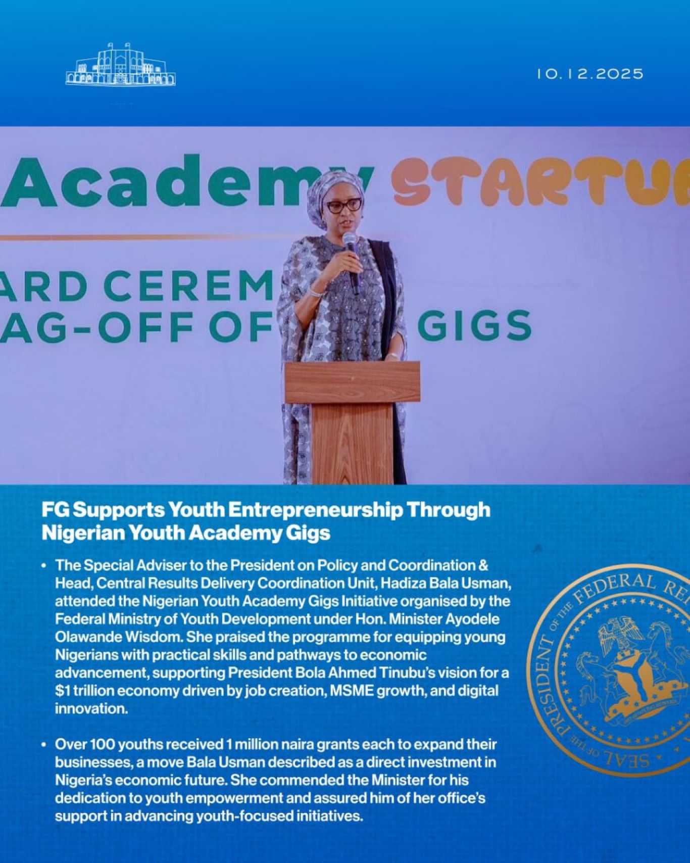 FG Empowers Young Entrepreneurs: 100 Youths Receive ₦1m Each Under Nigerian Youth Academy Gigs Initiative